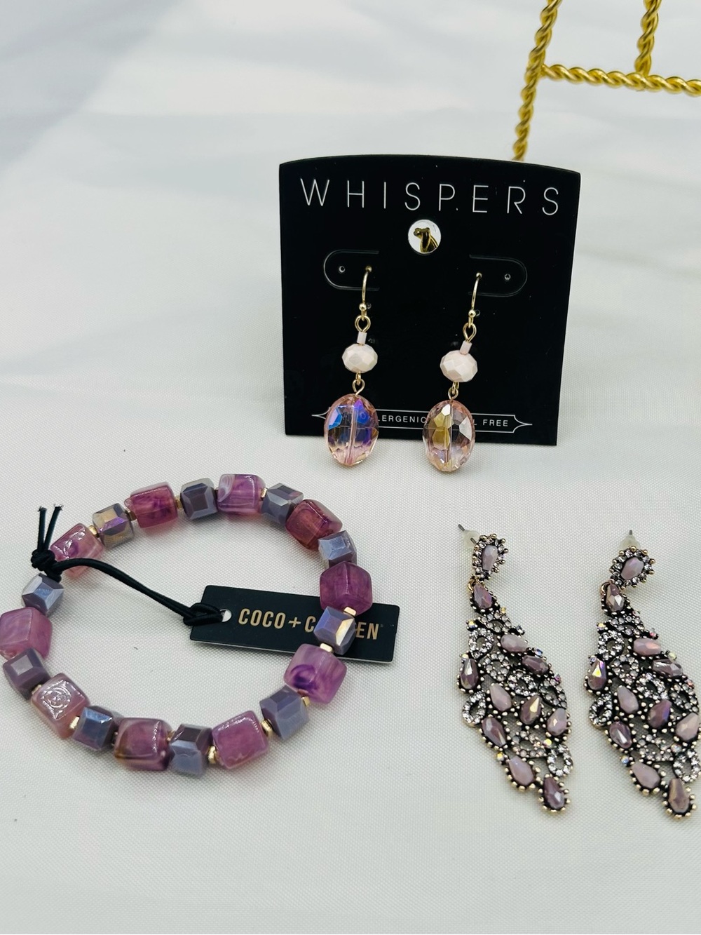 Coco + Carmen 3 pc set Pink & Purple Beaded Bracelet w Crystal Motif Earrings.